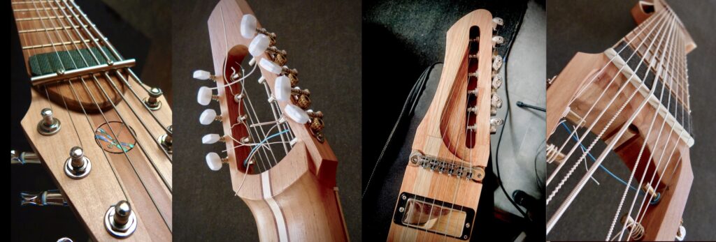 Various headstocks of instruments from different Dragonfly Tapping Instruments models. Stringed Instruments with 6 to 12 strings made for tapping/touchstyle like the Chapman Stick