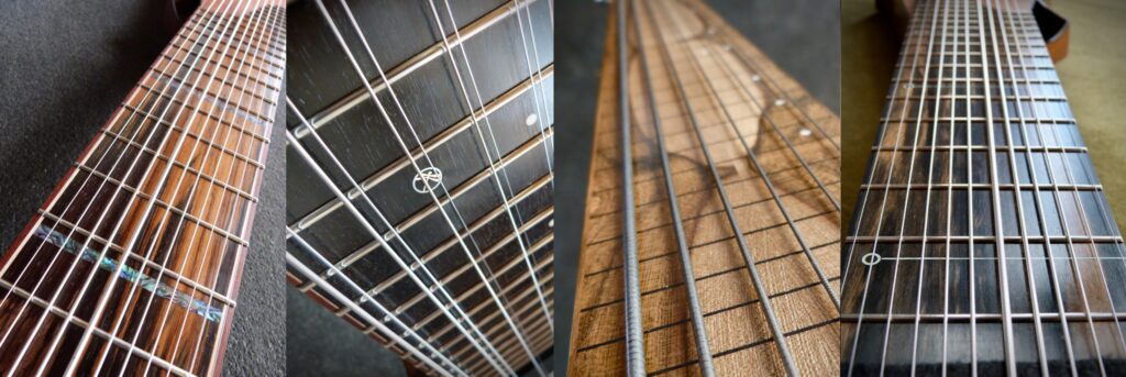 Fretboards at different angles showing some of Dragonfly Tapping Instruments models for tapping/touchstyle. There are both steel string and nylon string versions with double strings and flat wounds possible