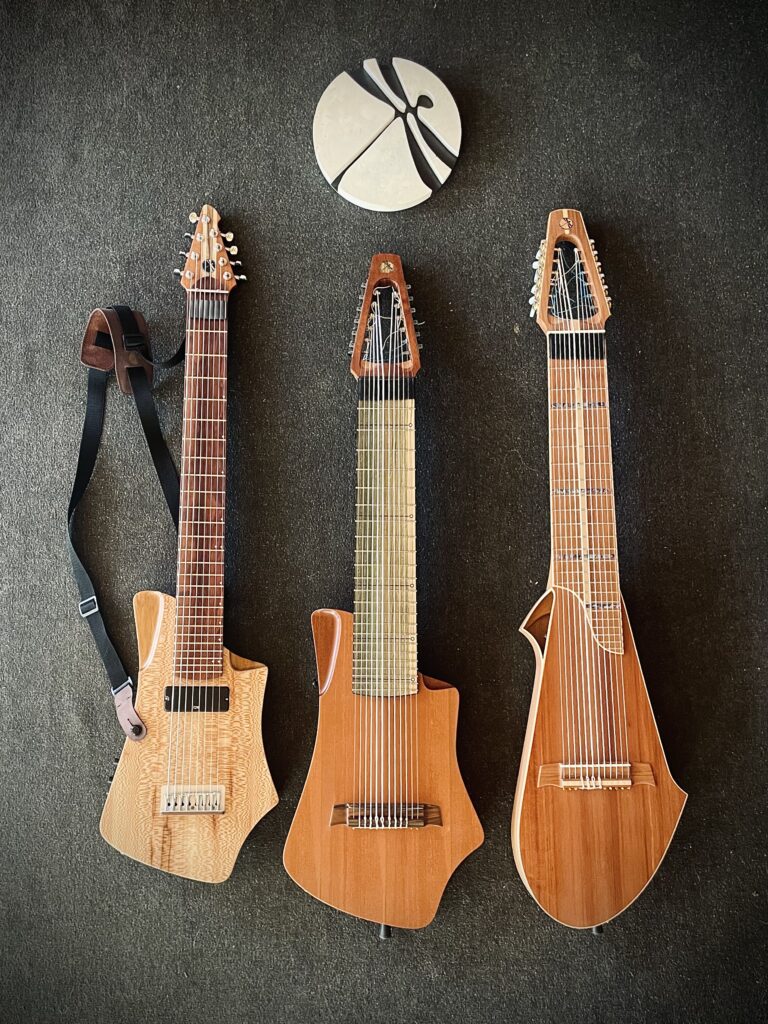 The current 2026 models of musical instruments made by Dragonfly Tapping Instruments (dragonfly logo at top), including acoustic, electric and semi acoustic instruments designed for tapping/touchstyle