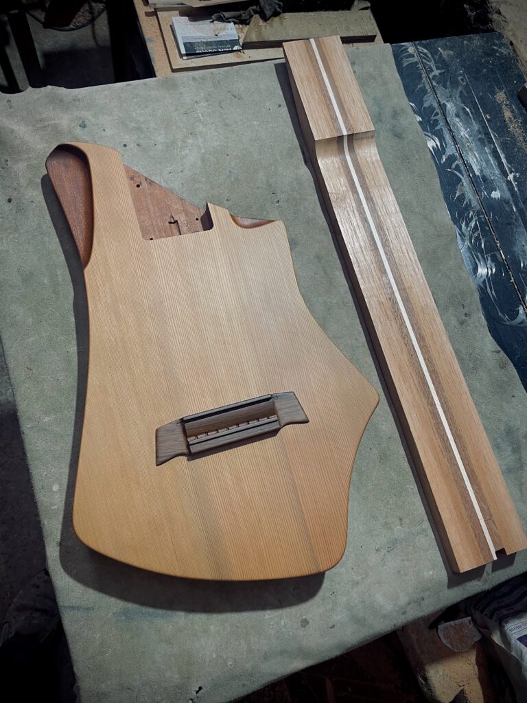 The body and neck blank of one of Dragonfly Tapping Instruments semi acoustic instruments for tapping/touchstyle technique. 